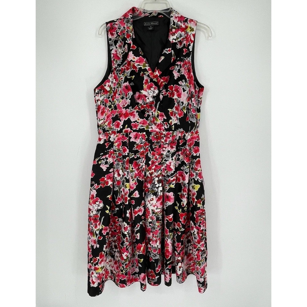 Jessica Howard‎ Women's Black Floral Notch Lapel Sleeveless Shirt Dress Size 14